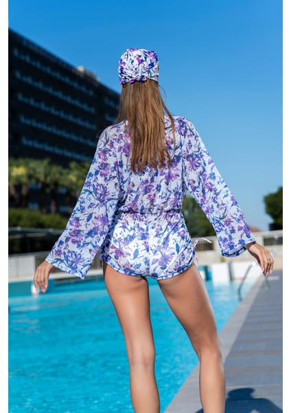 Rukomayo Beyaz Mor Çiçek Desenli Şortlu Esnek Şifon Kumaş Tulum Pareo fiyatları