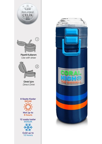Kids Erkek Desenli Pipetli ve Direkt Içim Çelik Termos 500 ml
