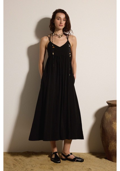 Askılı Kuplu Kupro Maxi Elbise