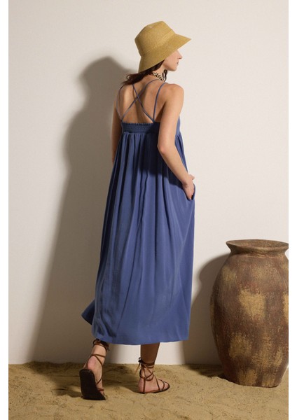 Askılı Kuplu Kupro Maxi Elbise