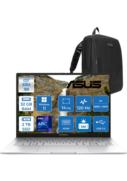 Zenbook 14 Intel Core Ultra 9 285H 32GB LPDDR5X 2tb 14" 3k OLED 120Hz 600NIT Intel Arc Graphics Windows 11 Home Taşınabilir Bilgisayar UX3405CAH03 + Zettaçanta