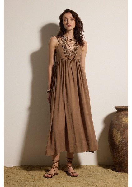 Askılı Kuplu Kupro Maxi Elbise