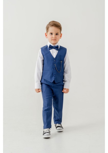 Erkek Çocuk Yelekli Slim Fit Takım Elbise – 4 Parça (Yelek, Pantolon, Gömlek, Papyon) TE.7026