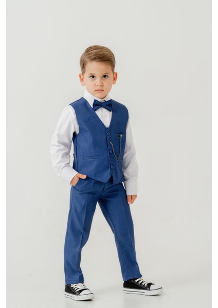 Erkek Çocuk Yelekli Slim Fit Takım Elbise – 4 Parça (Yelek, Pantolon, Gömlek, Papyon) TE.7026