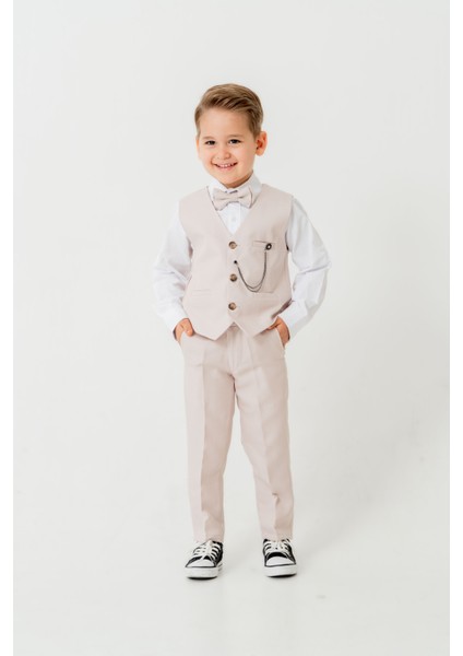 Erkek Çocuk Yelekli Slim Fit Takım Elbise – 4 Parça (Yelek, Pantolon, Gömlek, Papyon) TE.7026