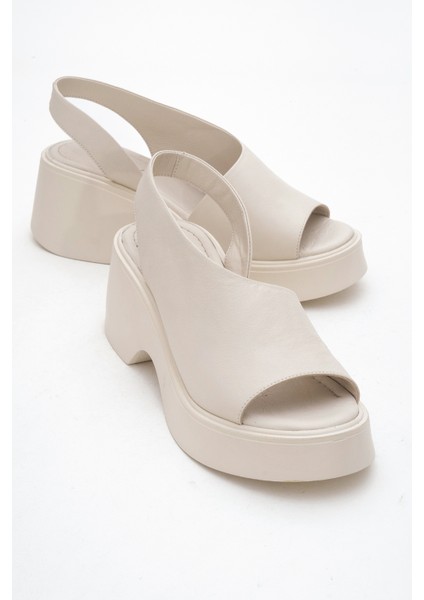 Roy Ekru Cilt Hakiki Deri Kadın Dolgu Topuklu Sandalet