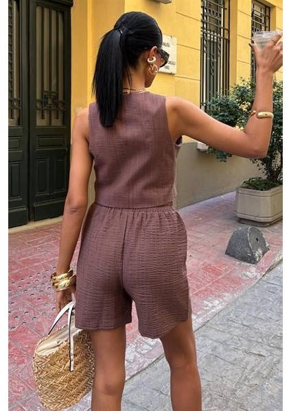 Mini Yelekli Şortlu Keten Takım 10176-08