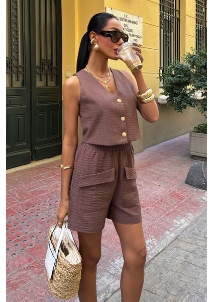 Mini Yelekli Şortlu Keten Takım 10176-08