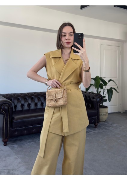 Magarde Kadın Ara Boy Kuşaklı Yelekli Bol Pantolonlu Ikili Keten Takım fiyatları