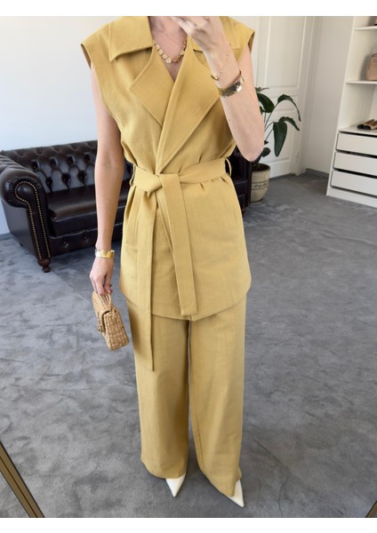 Magarde Kadın Ara Boy Kuşaklı Yelekli Bol Pantolonlu Ikili Keten Takım modelleri