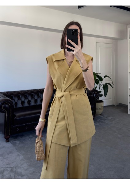 Magarde Kadın Ara Boy Kuşaklı Yelekli Bol Pantolonlu Ikili Keten Takım fırsatları