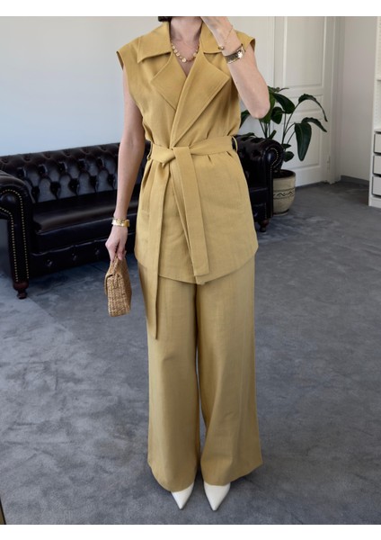 Magarde Kadın Ara Boy Kuşaklı Yelekli Bol Pantolonlu Ikili Keten Takım indirimleri