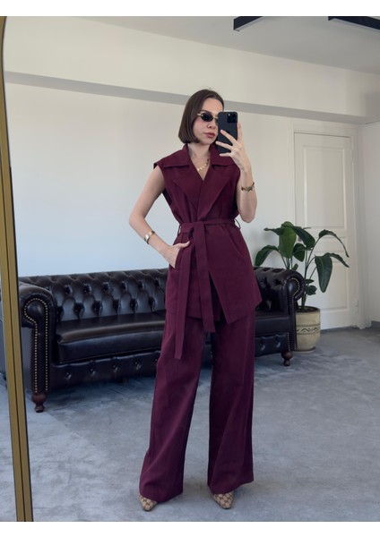 Magarde Kadın Ara Boy Kuşaklı Yelekli Bol Pantolonlu Ikili Keten Takım