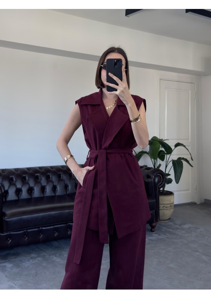 Magarde Kadın Ara Boy Kuşaklı Yelekli Bol Pantolonlu Ikili Keten Takım fiyatları