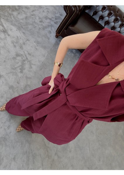 Magarde Kadın Ara Boy Kuşaklı Yelekli Bol Pantolonlu Ikili Keten Takım indirimleri