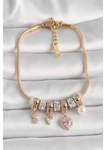 316L Çelik Gold Renk Zincir Zirkon Taşlı Sallantı Kalp Model Inci Detay Charm Kadın Bileklik - TJ-BB6688
