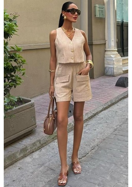 Mini Yelekli Şortlu Keten Takım 10176-08