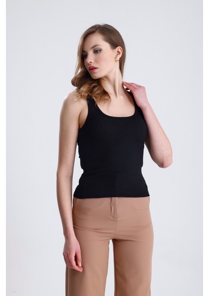 Kadın Fitilli Kalın Askılı Sıfır Kol Basic Siyah Yazlık Pamuklu Crop Bluz