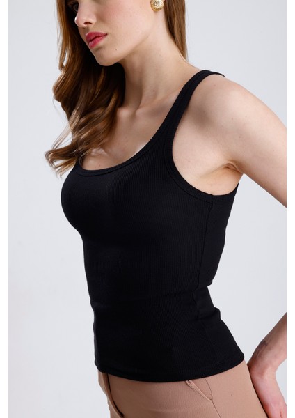 Kadın Fitilli Kalın Askılı Sıfır Kol Basic Siyah Yazlık Pamuklu Crop Bluz fiyatları