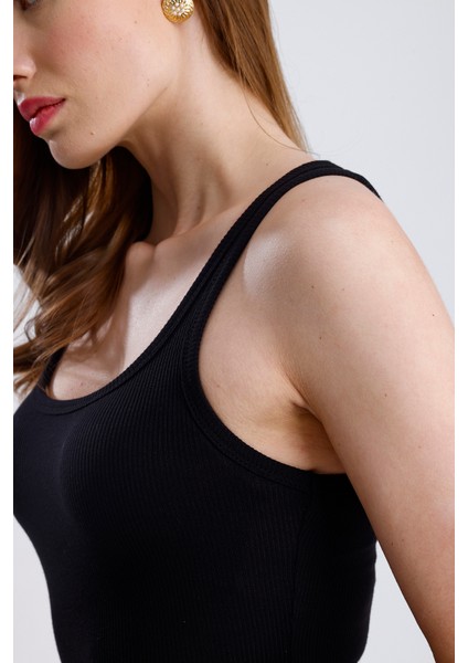 Kadın Fitilli Kalın Askılı Sıfır Kol Basic Siyah Yazlık Pamuklu Crop Bluz modelleri