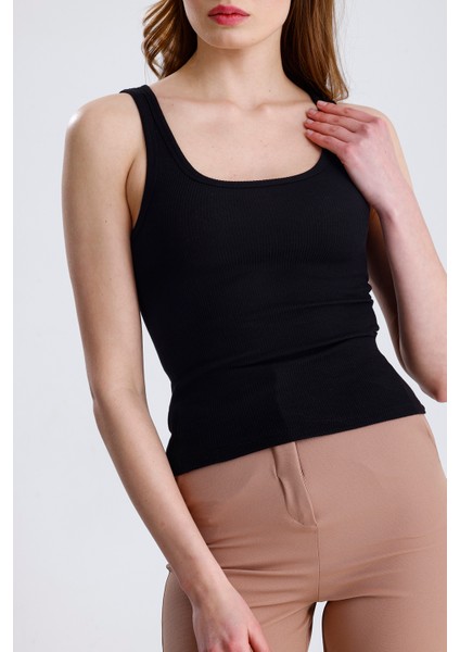 Kadın Fitilli Kalın Askılı Sıfır Kol Basic Siyah Yazlık Pamuklu Crop Bluz fırsatları