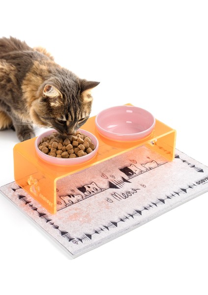 2'li Turuncu Pleksi Dekoratif Kedi ve Köpek Seramik Mama & Su Kabı Paspas Hediye