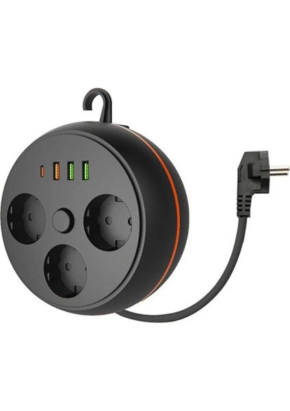 3 Adet Soket,3 Adet USB ve 1 Adet Type-C Girişli Termal Akım Korumalı Makaralı Priz 3395 (4887)