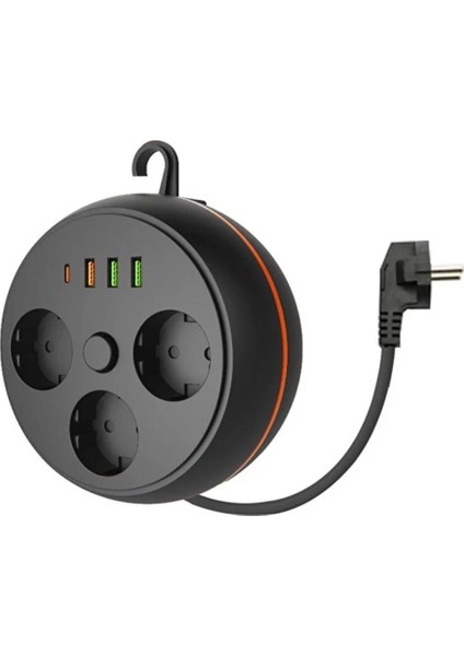 3 Adet Soket,3 Adet USB ve 1 Adet Type-C Girişli Termal Akım Korumalı Makaralı Priz 3395 (4887)