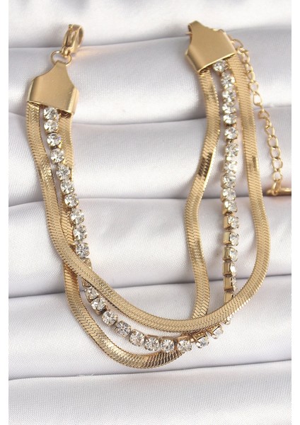 316L Çelik Gold Renk 2'li Italyan Zincir Model Zirkon Taşlı Kadın Bileklik - TJ-BB6772