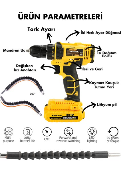 12V 1.5AH Metal Şanzıman Çift Akülü Bakır Sargı Şarjlı Matkap Akülü Vidalama