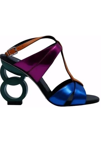 Hakiki Deri Sax Mavı-Turuncu-Fusya-Sıyah Sandalet Topuklu 6564 178