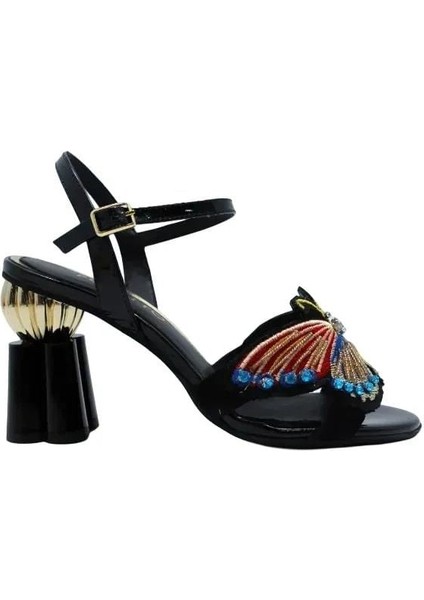 Hakiki Deri Sıyah-Altın Sandalet Topuklu 380 34