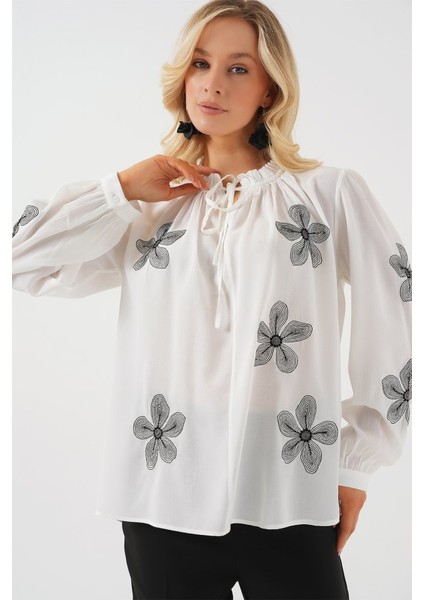 Uzun Kol Nakışlı Örme Bluz 951 - Beyaz modelleri
