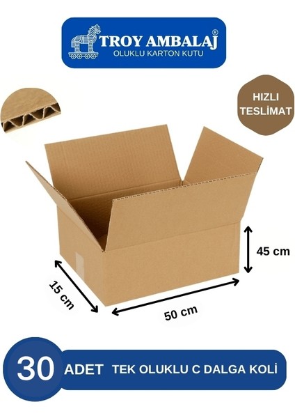 50X15X45 Tek Oluklu Kutu C Dalga (30 Adet) Taşıma Taşınma Kolisi Boş Karton
