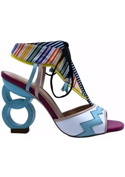 Hakiki Deri Pembe-Beyaz-Mavı-Sarı-Fusya Sandalet Topuklu 5669 162 V1