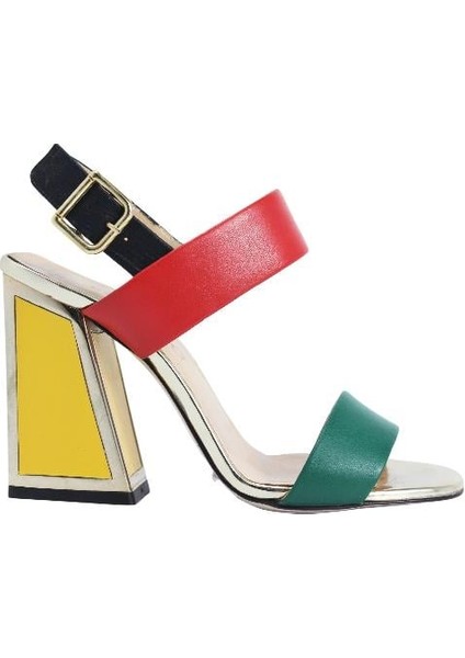 Hakiki Deri /tekstil Yesıl-Kırmızı-Sıyah-Altın-Sarı Sandalet Topuklu 6564 161 V1