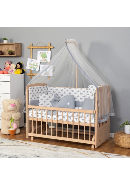 Ahşap Organik Beşik Anne Yanı Beşik 3 Kademeli Lüx Bebek Beşiği 60 x 120 cm - Gri Balina Uyku Setli & Soft Yataklı