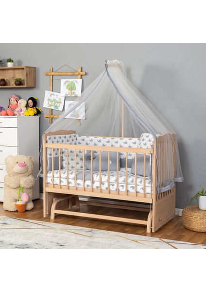 Ahşap Organik Beşik Anne Yanı Beşik 3 Kademeli Lüx Bebek Beşiği 60 x 120 cm - Gri Balina Uyku Setli & Soft Yataklı