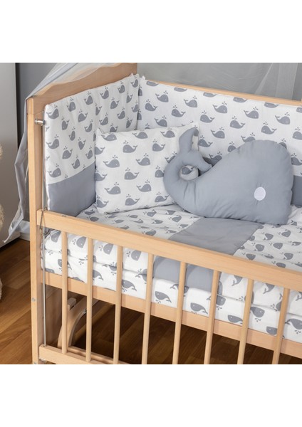 Ahşap Organik Beşik Anne Yanı Beşik 3 Kademeli Lüx Bebek Beşiği 60 x 120 cm - Gri Balina Uyku Setli & Soft Yataklı