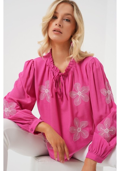 Uzun Kol Nakışlı Örme Bluz 951 - Pembe