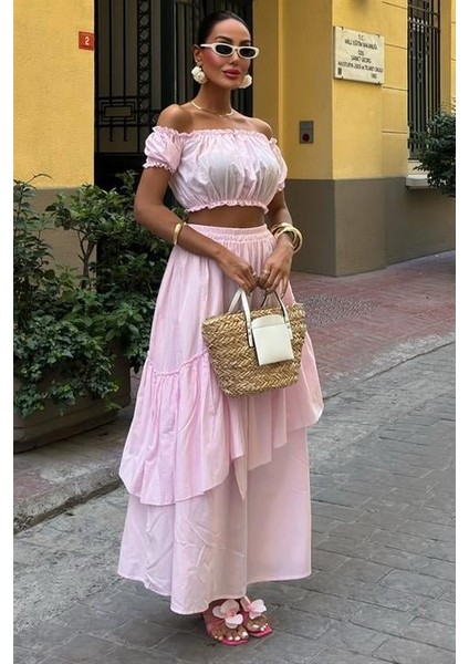 Büzgülü Crop Kat Detaylı Fırfır Etekli Takım 10196