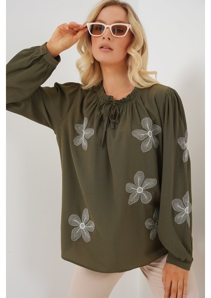 Uzun Kol Nakışlı Örme Bluz 951 - Haki