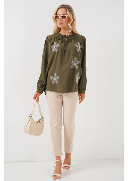 Uzun Kol Nakışlı Örme Bluz 951 - Haki fiyatları