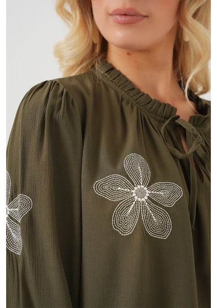 Uzun Kol Nakışlı Örme Bluz 951 - Haki fırsatları