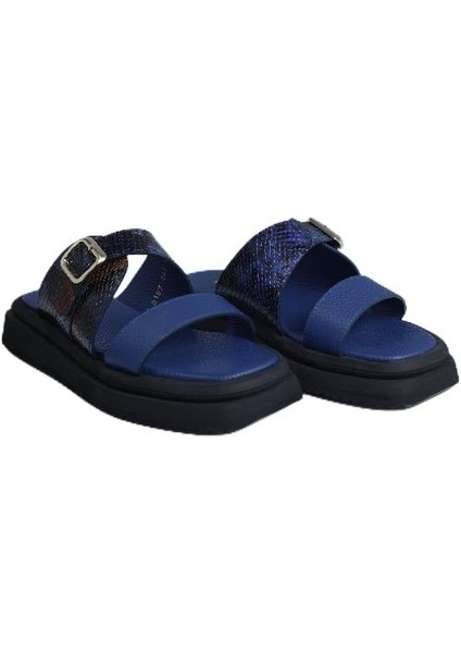 Hakiki Deri Lacıvert-Taba Sandalet Düz Terlik 0197 346 V1 modelleri