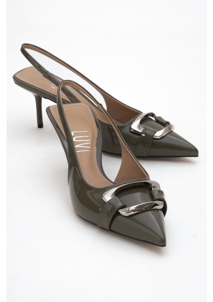 Lustre Haki Rugan Tokalı Sivri Burun Kadın Topuklu Ayakkabı