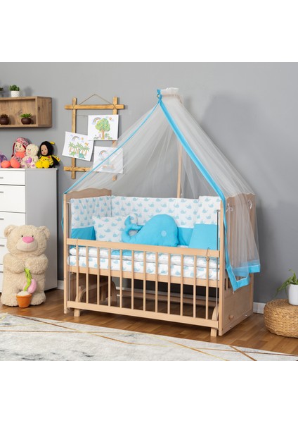 Ahşap Organik Beşik Anne Yanı Beşik 3 Kademeli Lüx Bebek Beşiği 60 x 120 cm - Mavi Balina Uyku Setli & Soft Yataklı modelleri