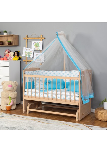 Ahşap Organik Beşik Anne Yanı Beşik 3 Kademeli Lüx Bebek Beşiği 60 x 120 cm - Mavi Balina Uyku Setli & Soft Yataklı