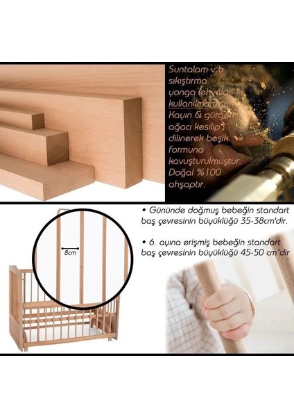 Ahşap Organik Beşik Anne Yanı Beşik 3 Kademeli Lüx Bebek Beşiği 60 x 120 cm - Mavi Balina Uyku Setli & Soft Yataklı