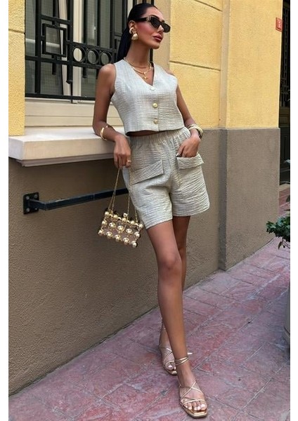 Mini Yelekli Şortlu Keten Takım 10176-08